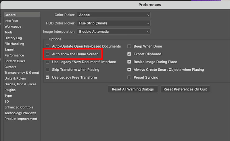 dont show hom screen in photoshop