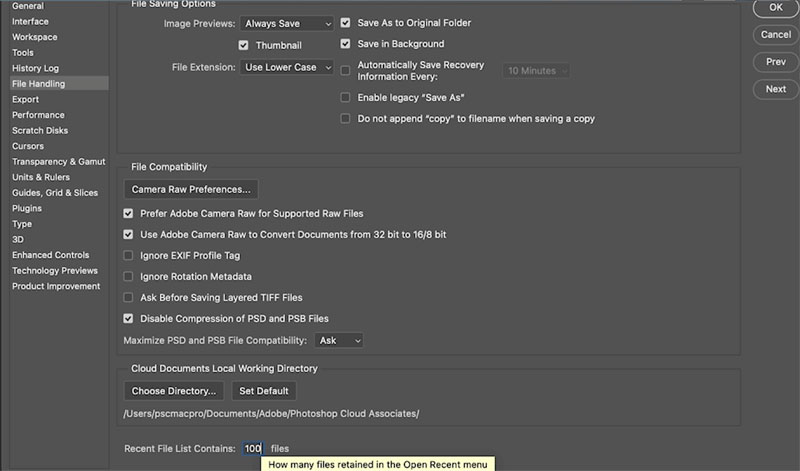 change recent files in photoshop