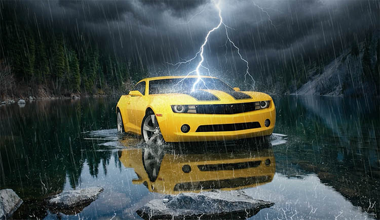 the resulting image is spectacular, a car in heavy weather in the water. 