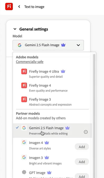 use Genimi 2.5 flash as a model in Adobe Firefly