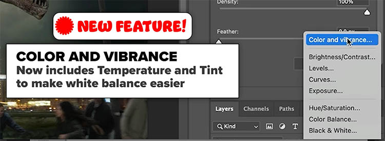 Color and Vibrance adjustment layer showing Temperature and Tint sliders