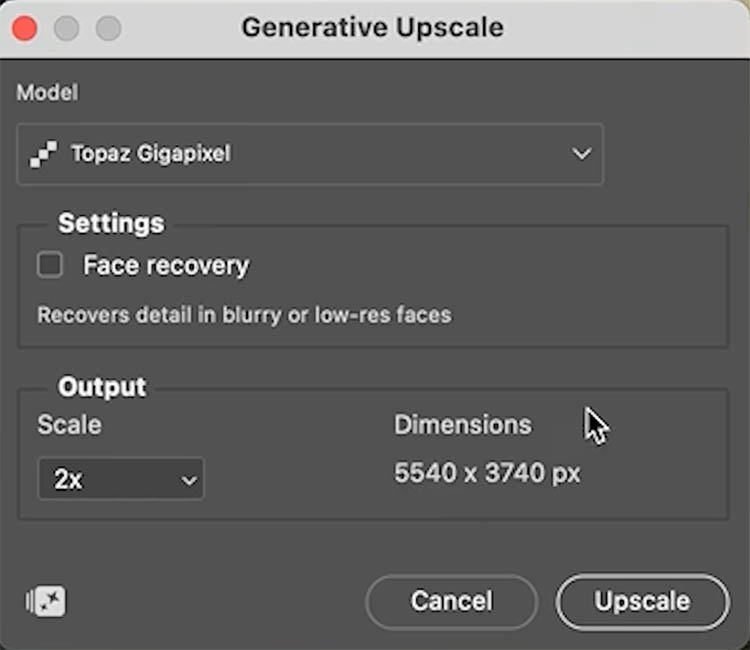 Photoshop Generative Upscale dialog with Topaz options