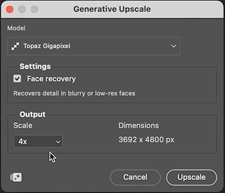 Photoshop 2026 Generative Upscale dialog box