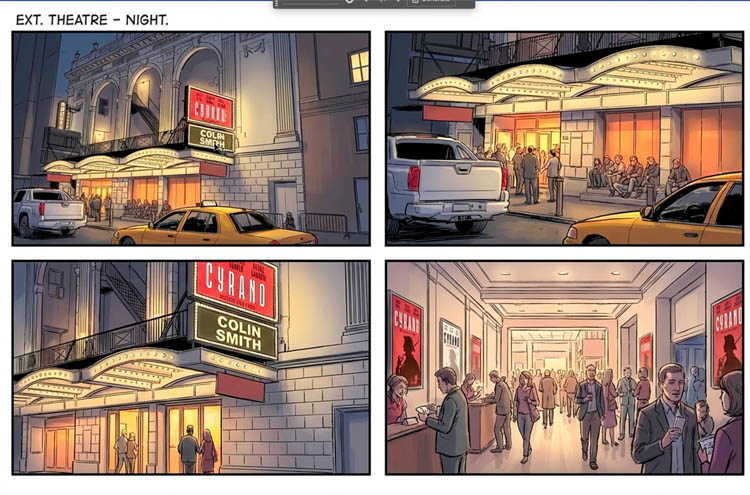 Storyboard frames generated from a single scene in Photoshop