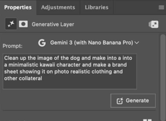 Properties panel open with larger prompt field visible