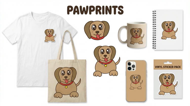 Product mockups: phone case, tote bag, shirt with generated logo