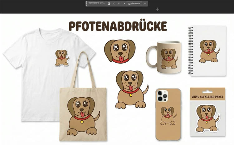 Generated German text localization on brand sheet