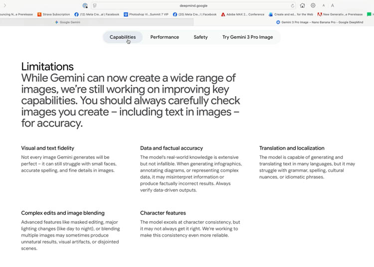 Limitations list screenshot highlighting text fidelity and accuracy