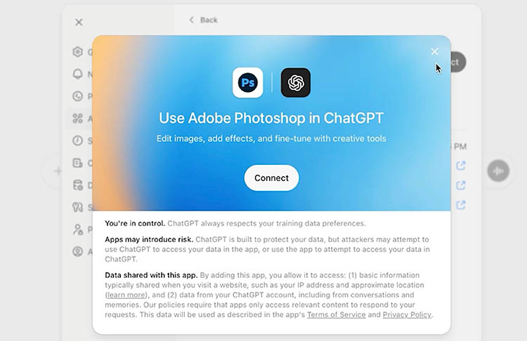 Connecting Adobe Photoshop in ChatGPT authorization screen