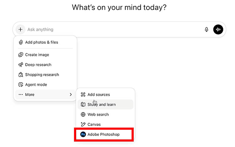 Chat input plus menu showing More and Adobe Photoshop option