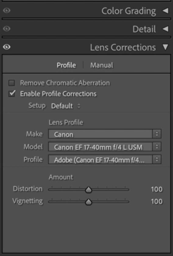 Enable profile corrections to reduce vignetting