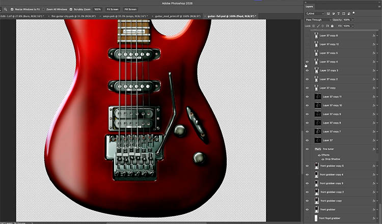 close up layers panel Colin Smiths photorealistic guitar in photoshop