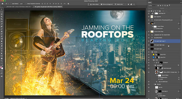 Composite of woman playing guitar on a rooftop in flames
