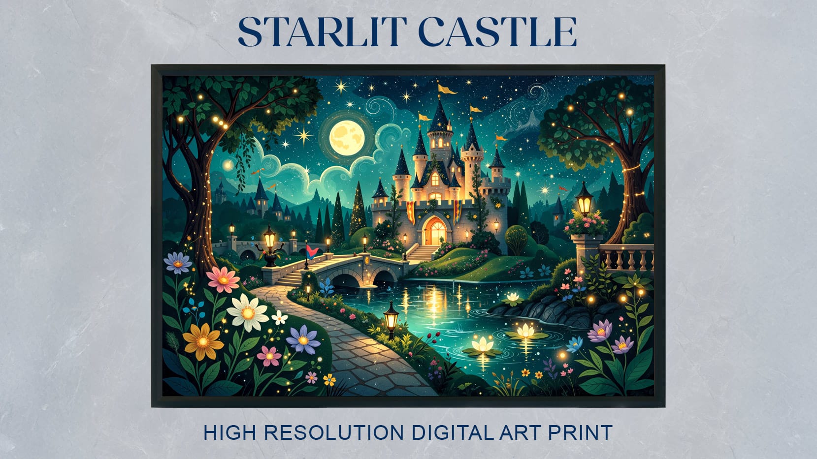 Starlit Castle: Magical Fantasy Night Castle Digital Wall Art