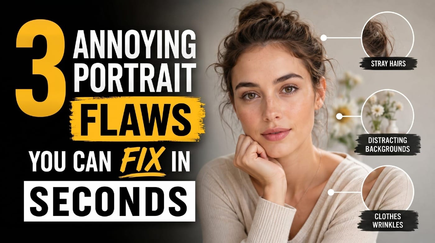 Fast Portrait Retouching: Remove Stray Hairs, Clothing Wrinkles, and Fix Backgrounds